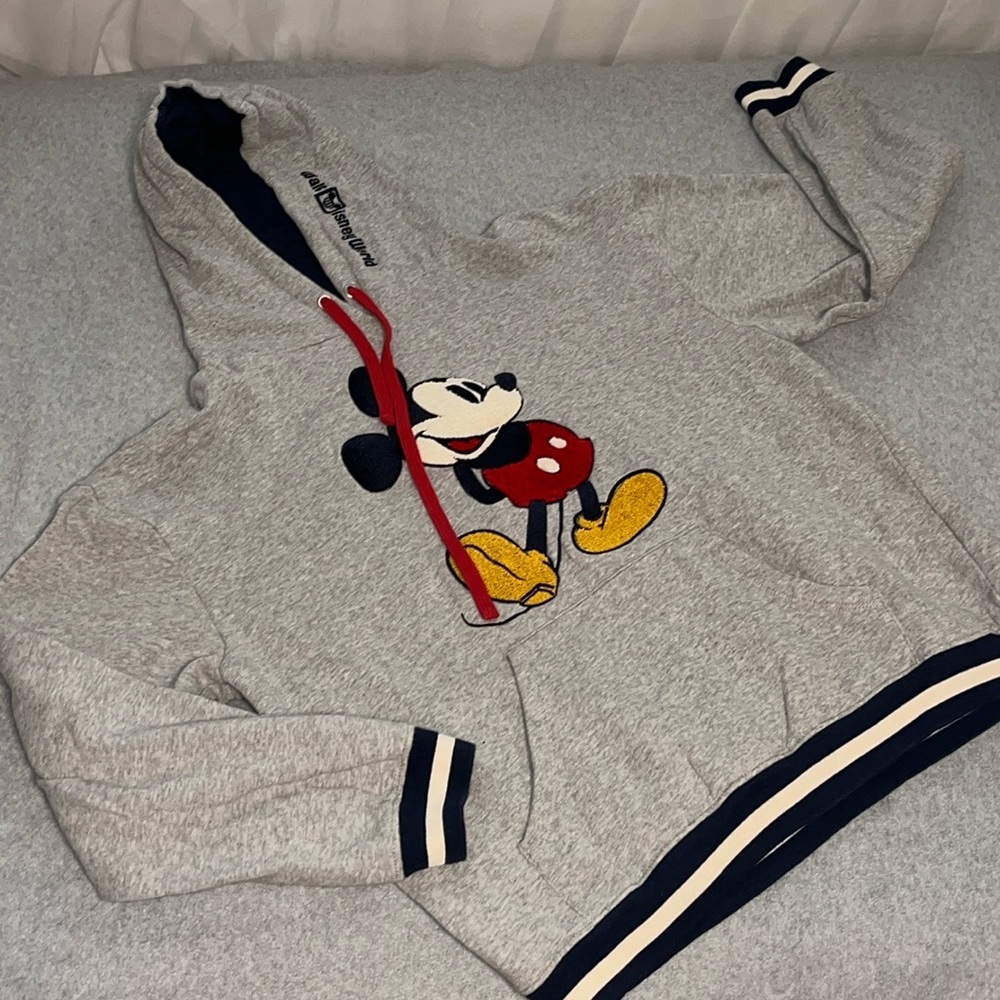 Disney World Hoodie Womens Medium Gray Mickey Stripes Hooded Sweatshirt